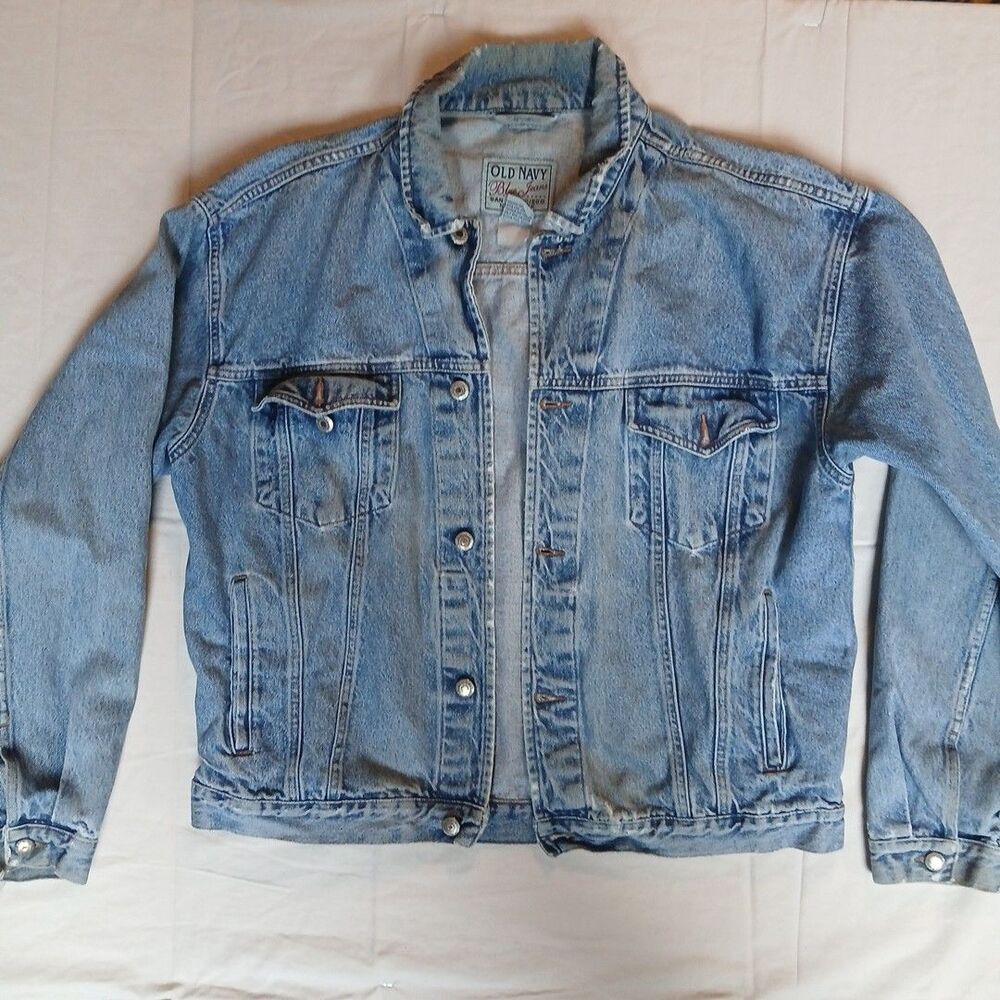 Old Navy Trucker Jacket Men's Size Large Distressed Thick Rugged Blue Jean Denim